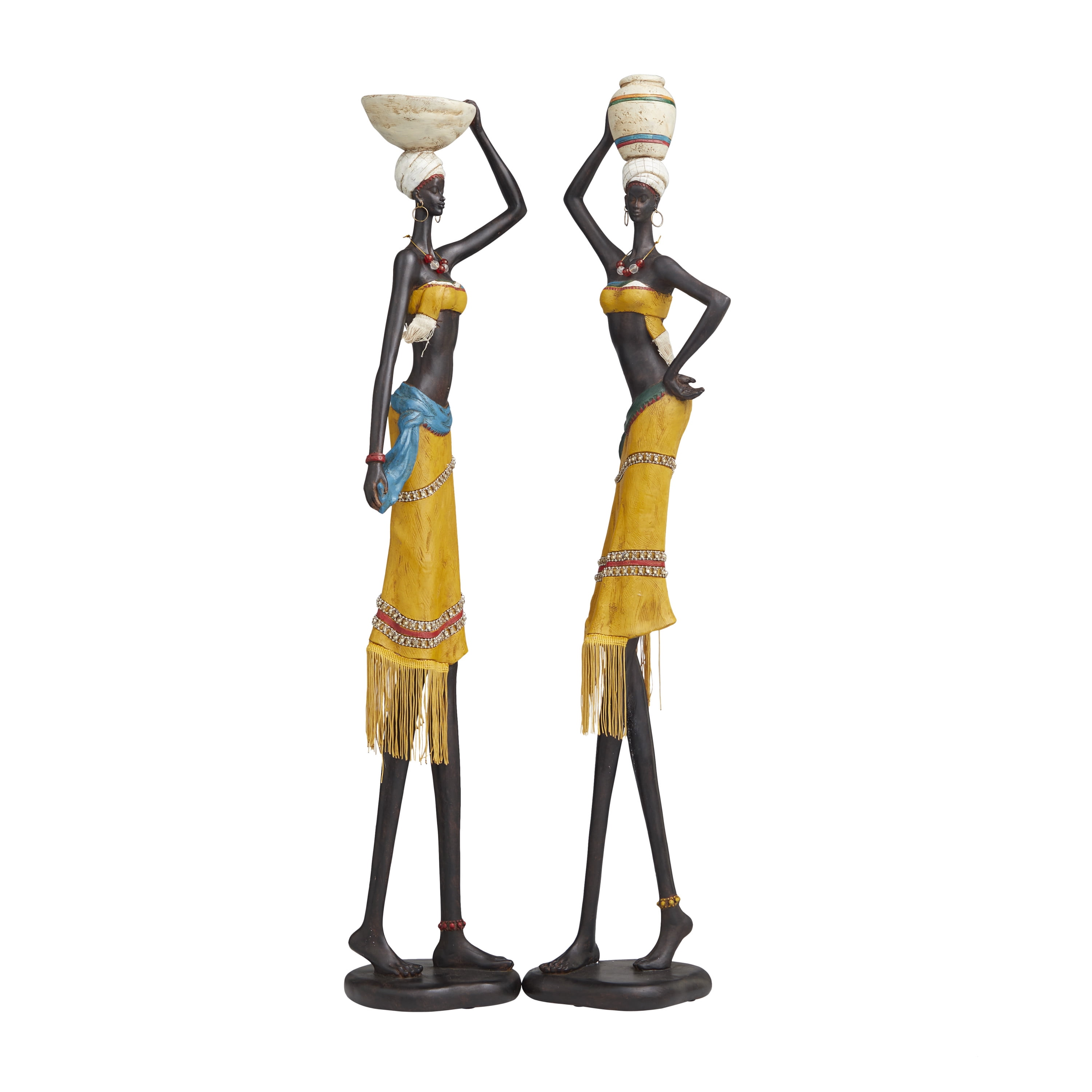 32", 33"H Yellow Polystone Handmade African Woman People Sculpture with Water Jugs and Jeweled Details, by DecMode (2 Count)