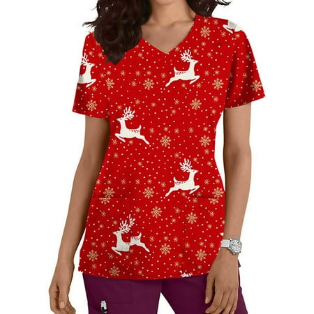 

Tarmeek Christmas Scrub Tops for Women Two Pocket Sporty Quick-Dry Stretch V-Neck Workwear Santa Snowflake Anti-Wrinkle Medical Scrubs for Women