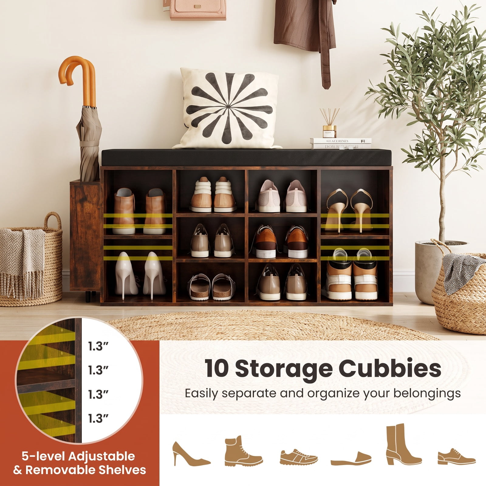 Furnibear Shoe Storage Bench with Umbrella Stand and 10 Cubby Entryway Shoe Rack Organizer with Padded Seat for Hallway Closet, Rustic Brown