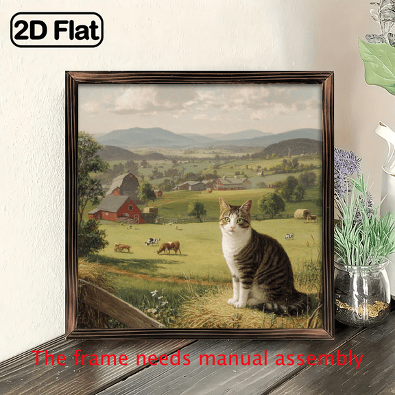 2D Flat - Farmhouse Cat Wall Art Poster - Rustic Countryside Painting with Tabby Cat, Barns Pastoral Scene - Recycled Wood Frame - Living Room, Kitchen Decor - Easy Hang - Pet Lover Home Decoratio