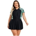thumbnail image 3 of iiniim Maillot de Bain une Pièce pour Femmes Grande Taille, Manches Courtes, Maillot Dermoprotecteur, Robe de Natation, Maillot de Plage Modeste, Feuilles Noires, 5TG, 3 of 7