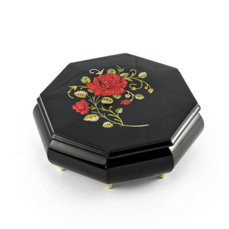 Handcrafted 18 Note Octagonal Midnight Black with Red Rose Inlay Jewelry Box - American Dream, The