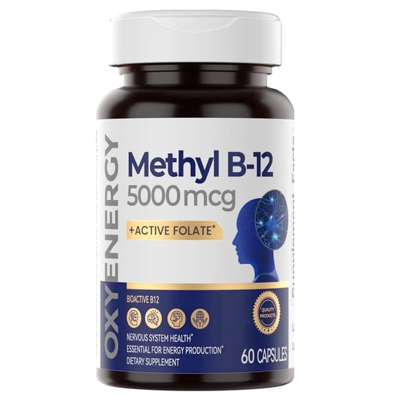 OxyEnergy Methyl Vitamin B12 5000mcg Dietary Supplement with Folate, Nerve & Energy Support, 60 Capsules