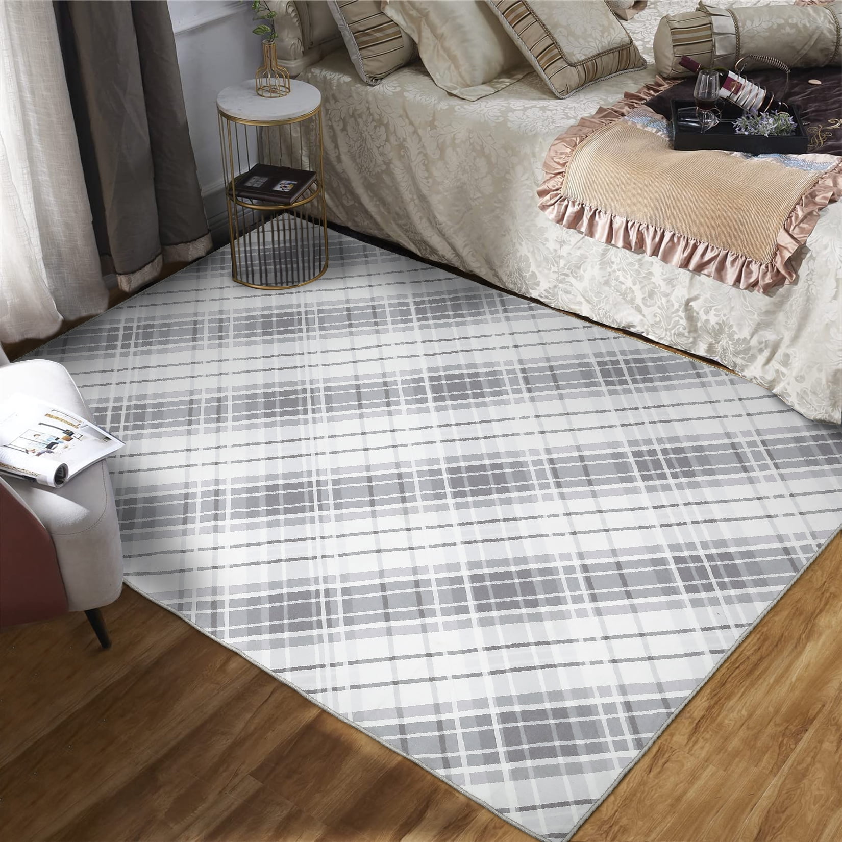 FairOnly Large Low Pile Stain Resistanta Area Rug for Living Room Bedroom 9' x 12' Plaid Design Area Rug, Light gray