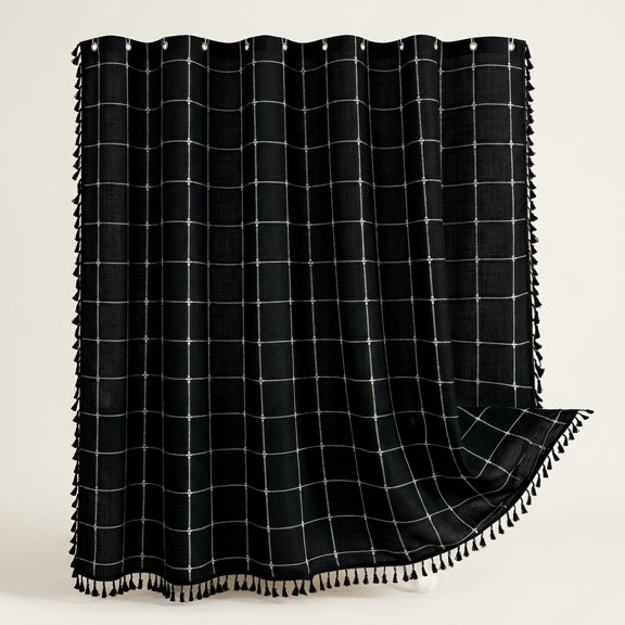 Black 72"W x 72"L (Pack of 1) Boho Farmhouse Plaid Tassel Shower Curtain