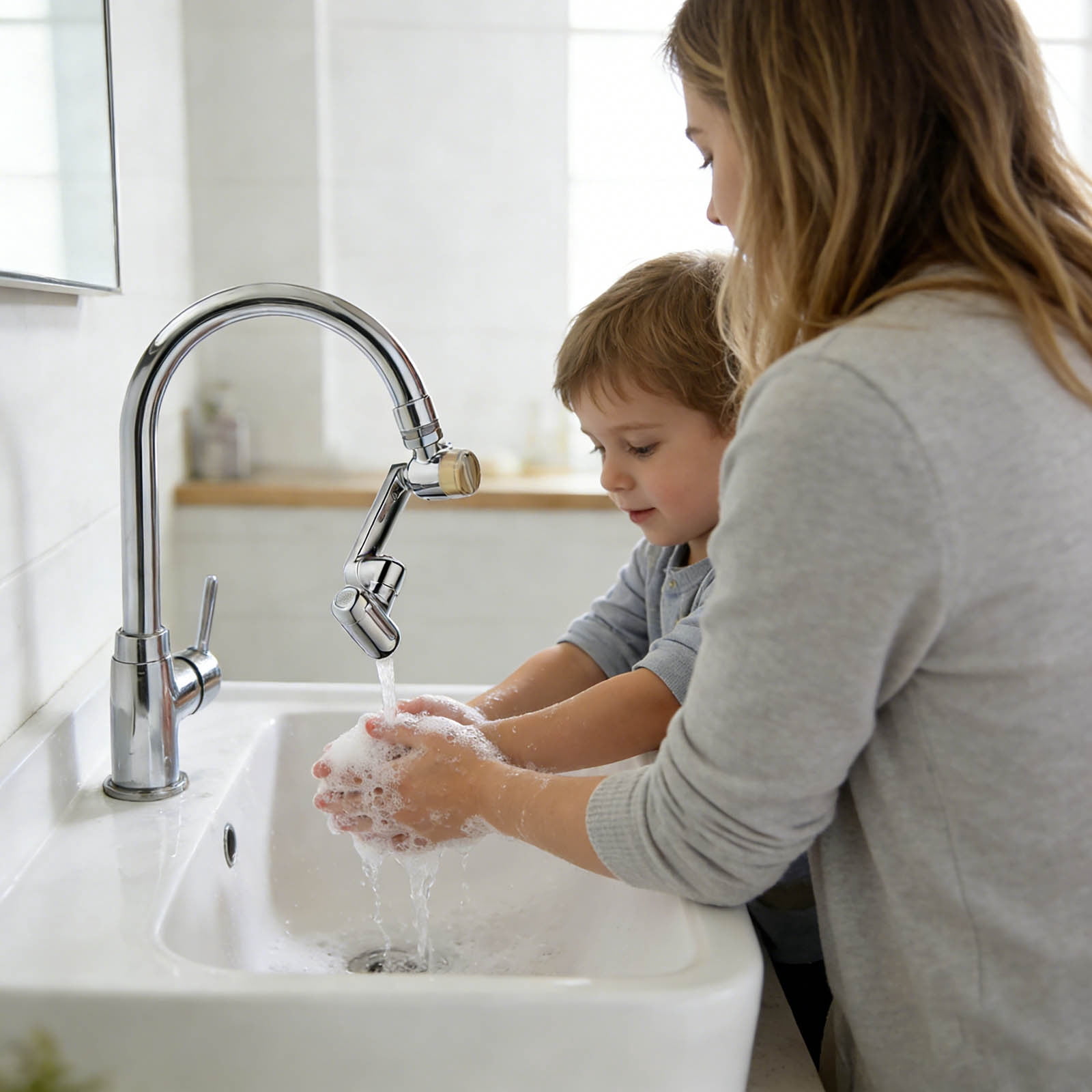 VMWMSSR Swivel Faucet Aerator Extension, Multi-Angle Adjustable Water Tap, Dual-Flow Anti-Splash Filter For Bathroom & Kitchen(Silver-9X5.4Cm)