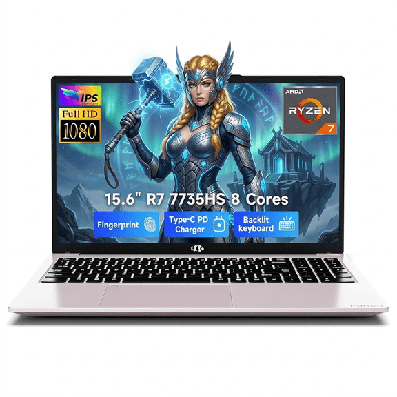 15.6" FHD Gaming Laptop 64GB DDR5 RAM 2TB NVMe SSD AMD Ryzen 7 7735HS (8 Cores Up to 4.75GHz) with Radeon 680M Graphics-100W PD Type-C Backlit Keyboard Fingerprint Unlock RoseGold