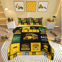 Manfei Cartoon School Bus Bedding Comforter Set, Transportation Vehicle Twin Comforter Sets, Yellow Public Truck Reversible Bedding Set, Ultra Soft Home Decor, 2pcs