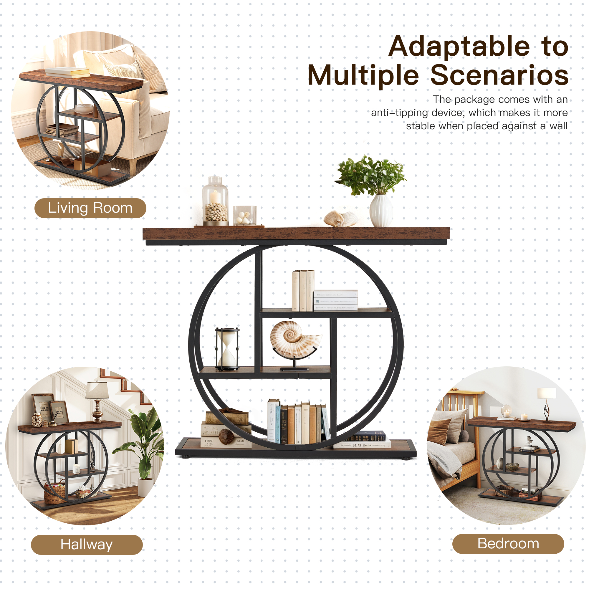 Erinnyees 4 Tier Console Table, 41.3" Entryway Table, Rustic Style Sofa Table, with Storage Shelves, Adjustable Foot Pad, for Hallway, Rustic Brown
