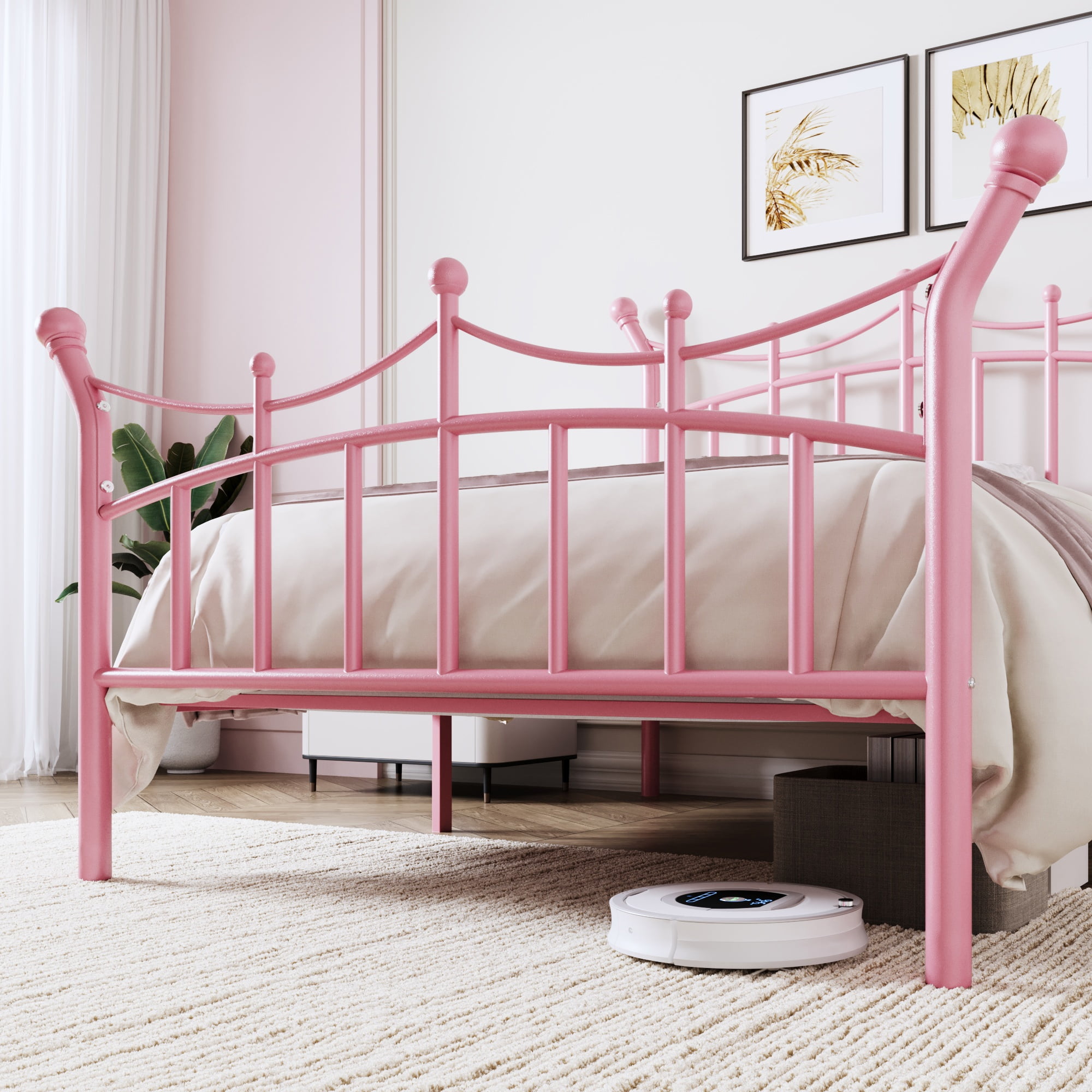 Allewie 14 Inches Twin Size Metal Platform Bed Frame with Elegant Crown Headboard & Footboard, Sturdy Mattress Foundation with Under-Bed Storage, Easy Assembly, No Box Spring Needed, Pink