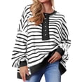 thumbnail image 2 of Womens Oversized Color Block Striped Sweatshirts Henley Shirts Casual Pullover Waffle Knit Tops, 2 of 7