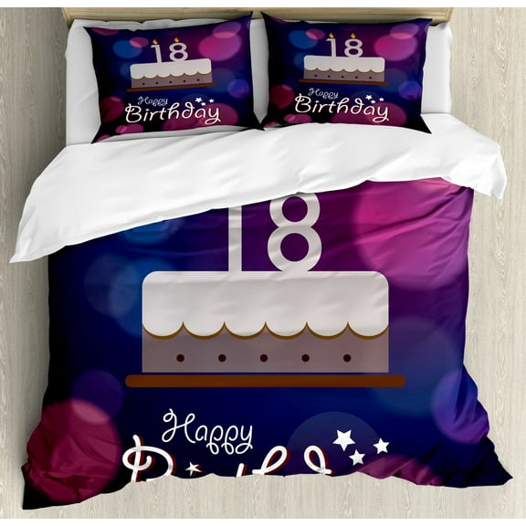 18th Birthday Duvet Cover Sets, Cartoon Birthday Party Cake with Candles Vibrant Abstract Backdrop, Bedding Set with 2 Duvet Covers & 2 Pillowcases, 2 Pack Twin Size, Purple and Lilac, by Ambesonne