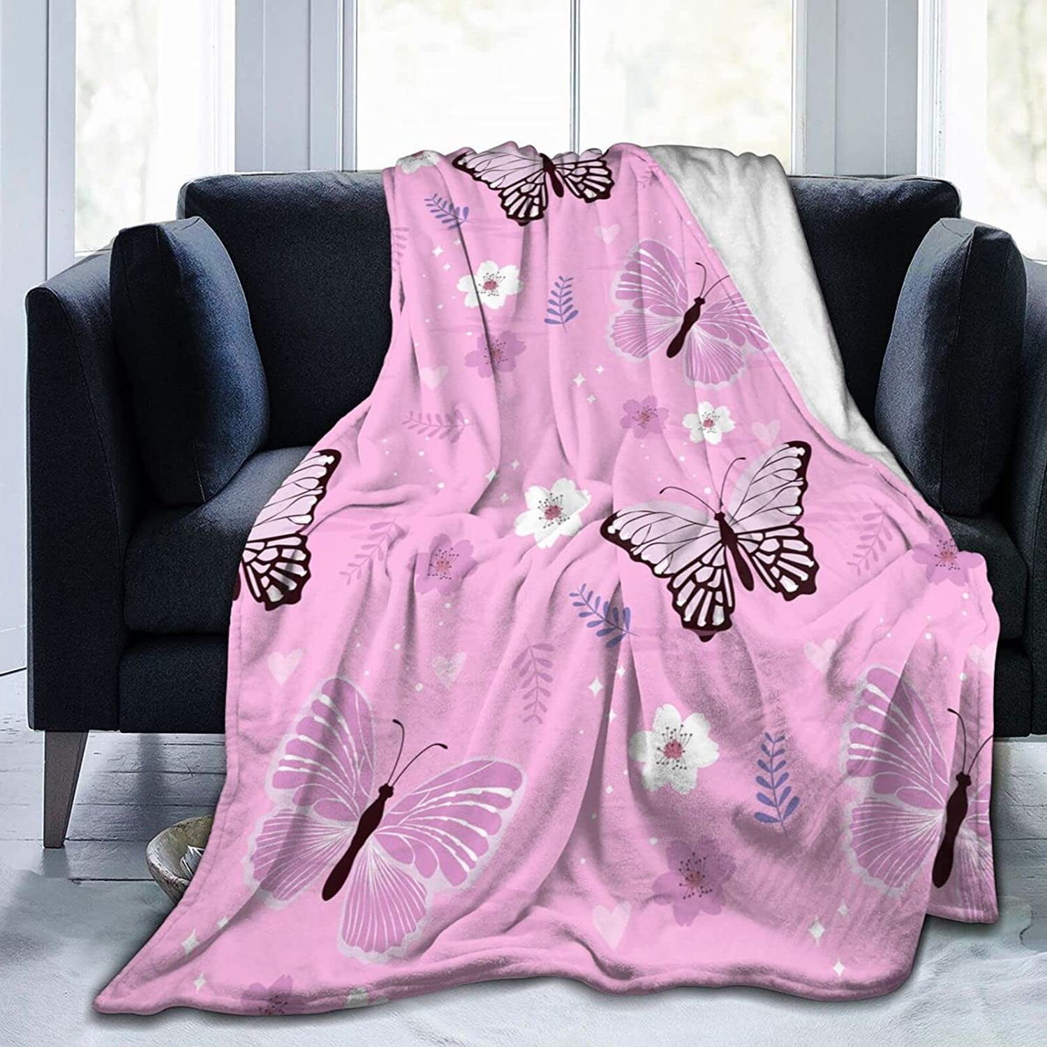 Throw Blanket Pink Butterfly Super Soft Micro Fleece Bed Throw Blanket Plush Lightweight Decorative Couch Sofa Travel Lap For Men Women Kids 5htooq