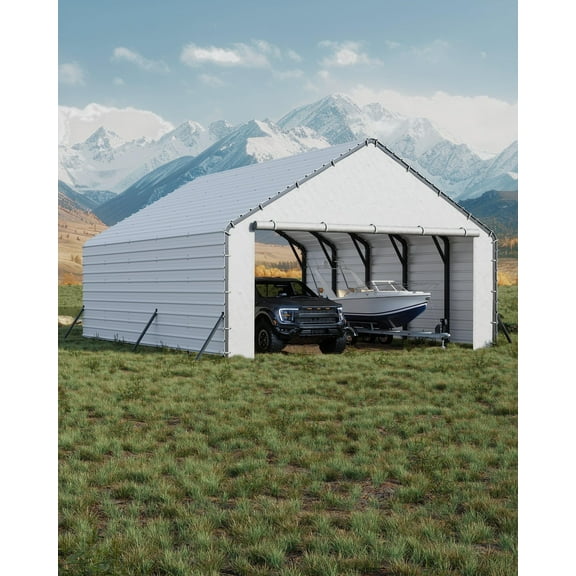 Heavy Duty 20x20 ft Enclosed Metal Carport Kit – 16 Galvanized Steel Ribbed Panels, Secure Weatherproof Shelter for Vehicles, RVs, Boats – White