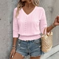 thumbnail image 5 of YNGKMEA Eyelet Tops for Women Fashion Smocked Cuffs V Neck Shirt 3/4 Sleeve Loose Fit Elastic Waist Tunic Top Banded Bottom Beach Tops Blouse 2025 Summer Pink XXL, 5 of 6