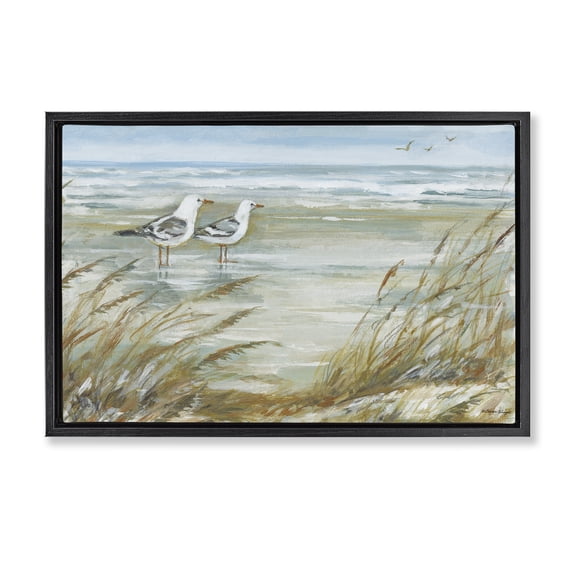 Stupell Industries Traditional Seagulls Standing On Beach Black Floating Frame Canvas Art, 25 x 17, by Susan Winget