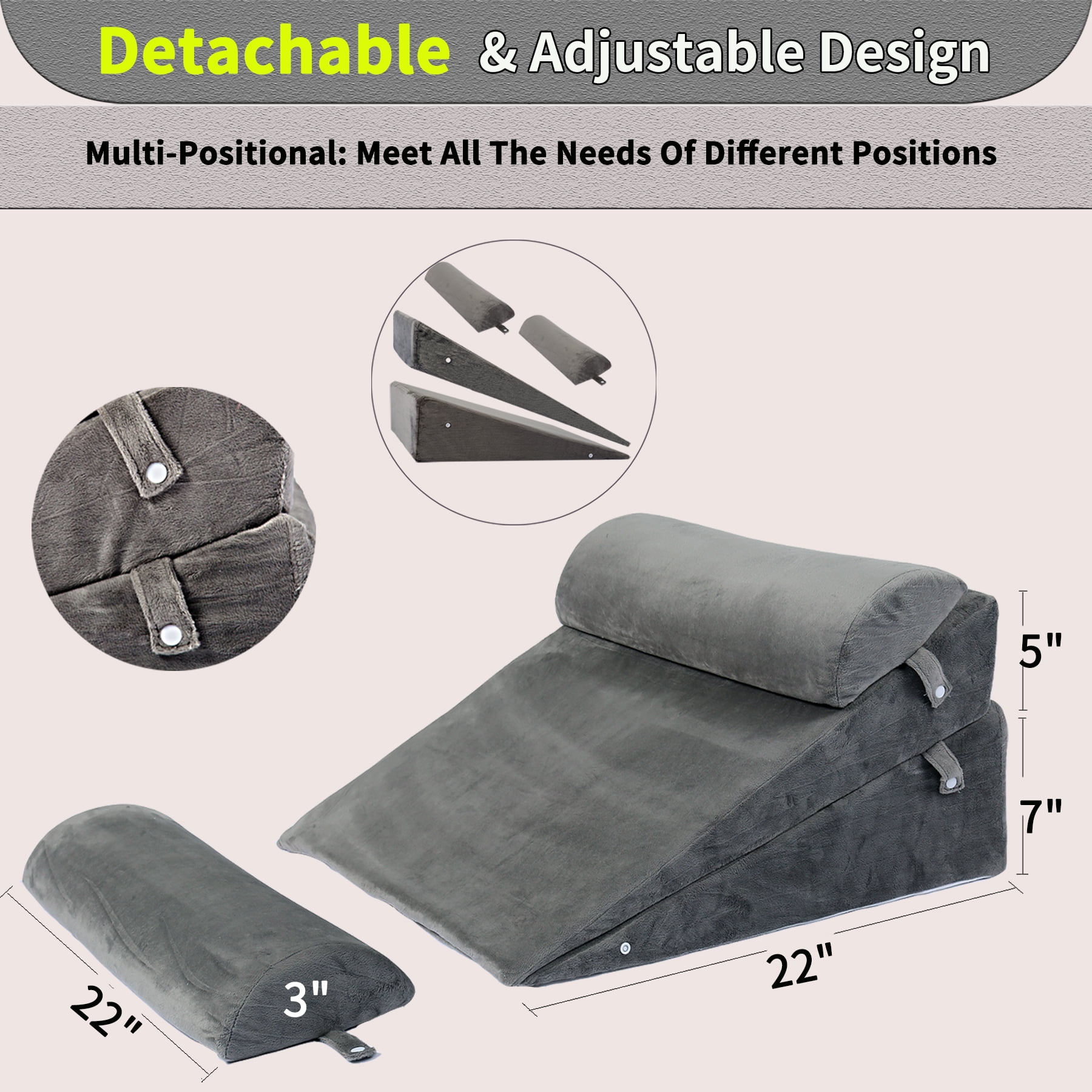 WDBBYL 4PCS Adjustable Bed Wedge Pillow Sleeping Support Set 100% Memory Foam for Post Suregery Recovery, Back Neck Leg Pain Relief,Acid Reflux and GERD,Sitting Reading Dark Gray