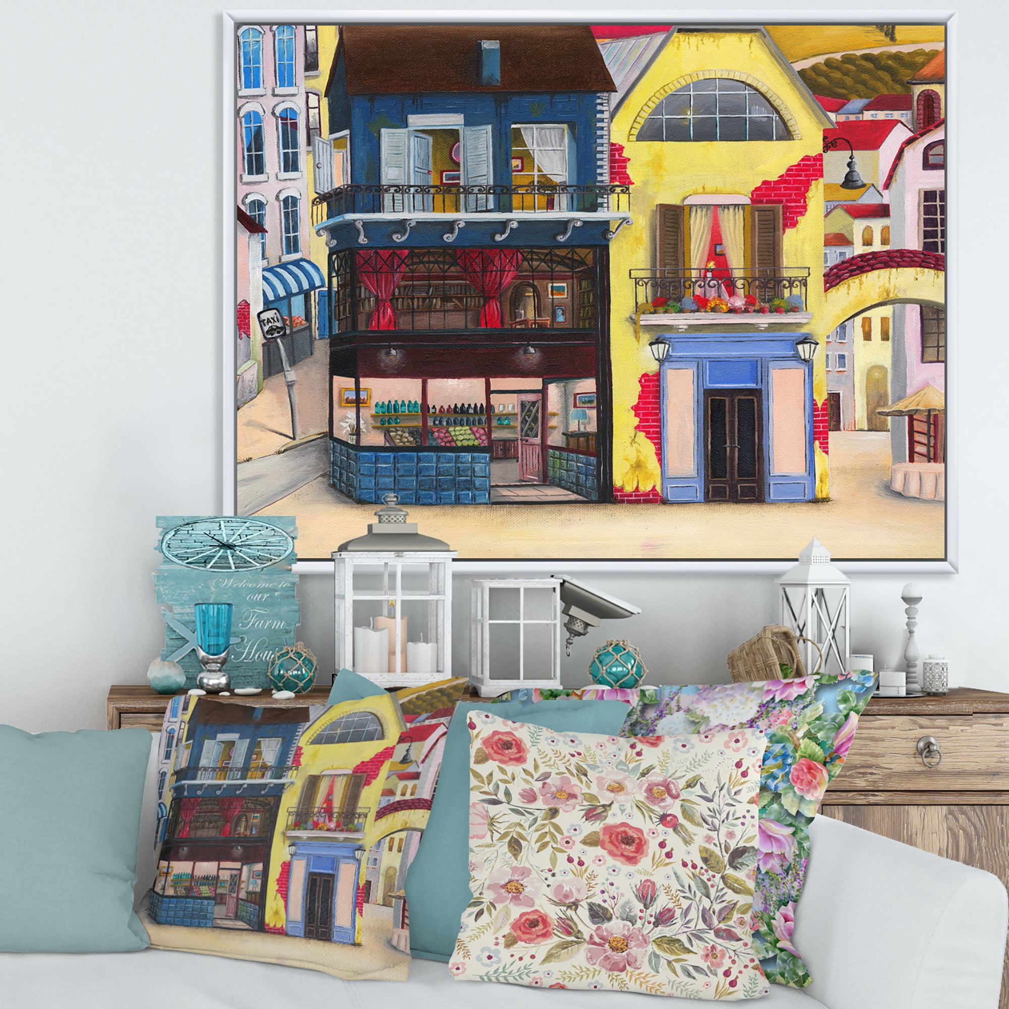 Designart 'The Colorful Facade of The Buildings In A Cozy Streets' French Country Framed Canvas Wall Art Print