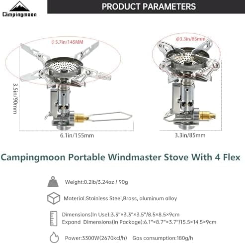 Campingmoon Portable Camping Gas Stove Ultralight Backpacking Stove With 4-Flex Outdoor Hiking Gear (XD-2F(With Igniter))