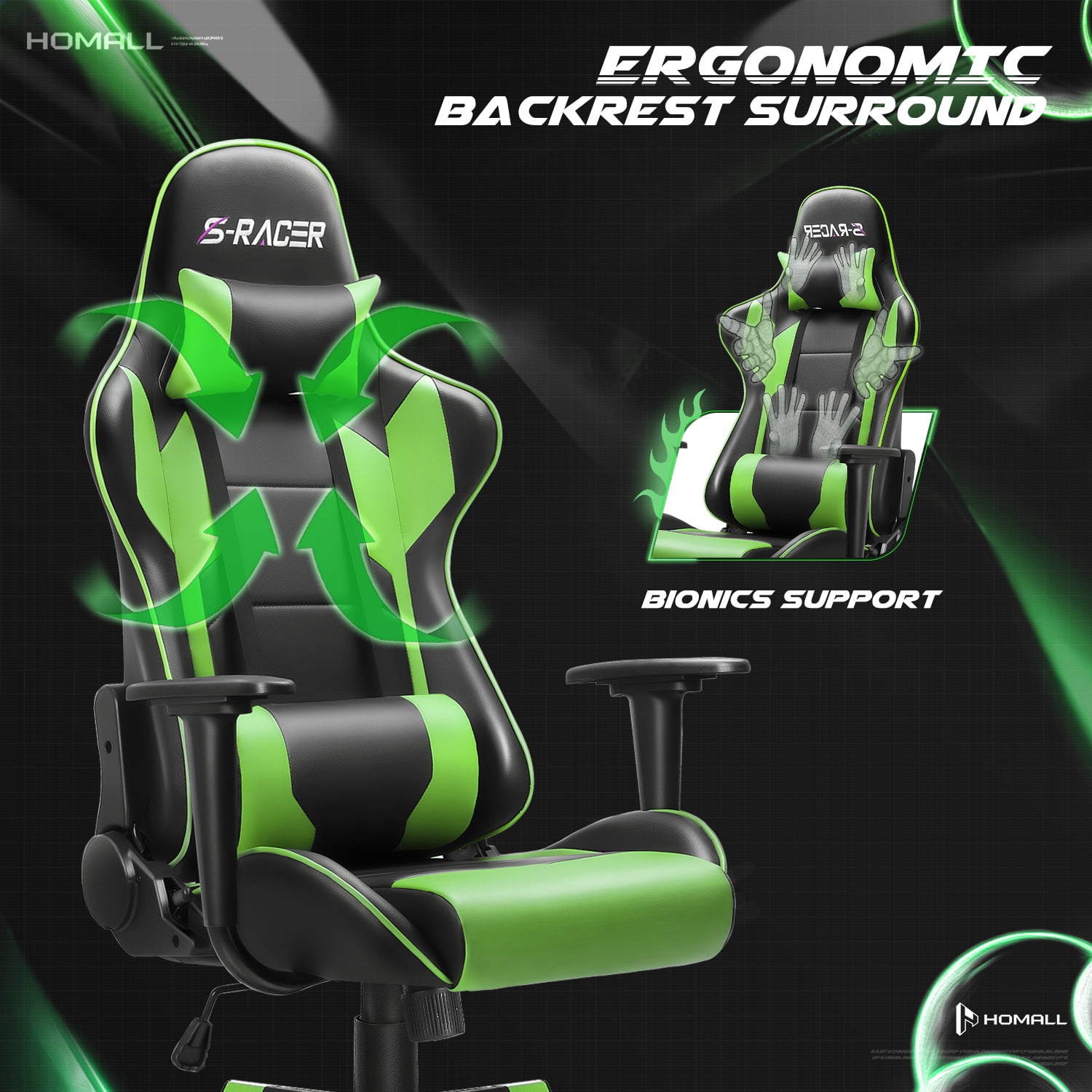 Homall Gaming Chair office Chair with Headrest & Lumbar Support, Green