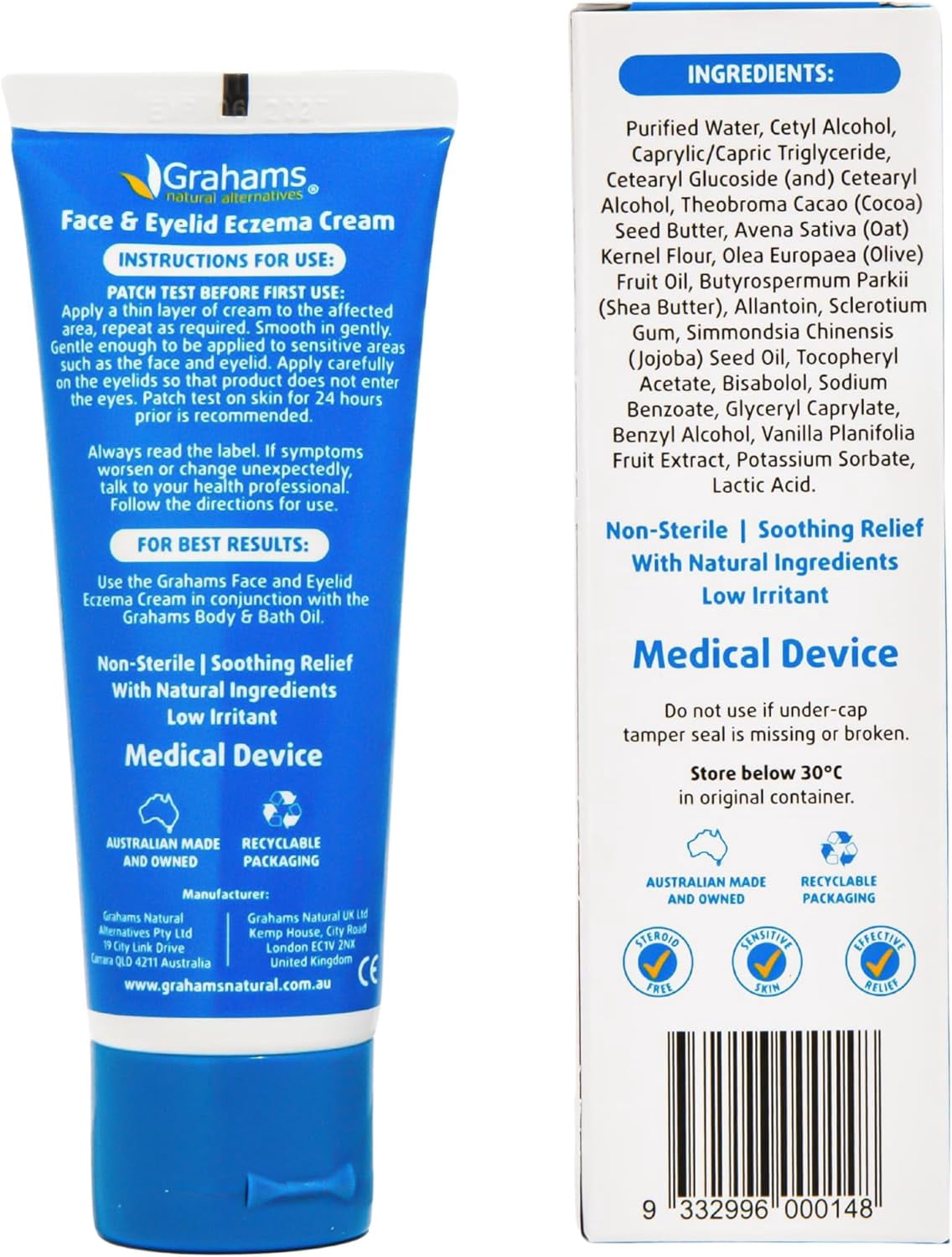Grahams Natural Face & Eyelid Eczema Moisturizing Cream with Colloidal Oatmeal 2%, Steroid-Free, 1.76 oz