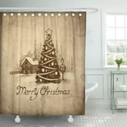 PKNMT Brown Vintage Christmas with of Winter Landscape Greeting House Drawing Old Xmas Shower Curtain Bath Curtain 66x72 inch