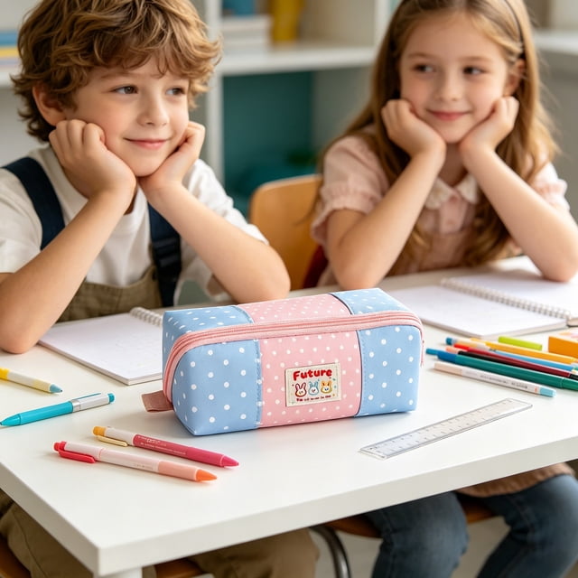 Pencil Case with Star Pattern, Colorful Contrast Design, Multi-Layer Storage, Waterproof Fabric, 20x9x9 cm Portable Pencil Pouch for Kids and Students