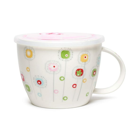High Quality Microwavable Ceramic Noodle Bowl with Handle and Seal Fine Porcelain Floral Design (SquareFlowers)