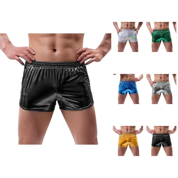 Holographic Shiny Metallic Shorts for Men Summer Casual Elastic Waist Leather Booty Shorts with Pockets
