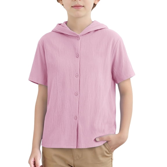 FAHXNVB Boys Cotton Linen Button Down Hoodie Short Sleeve Lightweight Hooded Tees Tops Beach Vacation Casual Breathable Summer Tops 3-13 Years