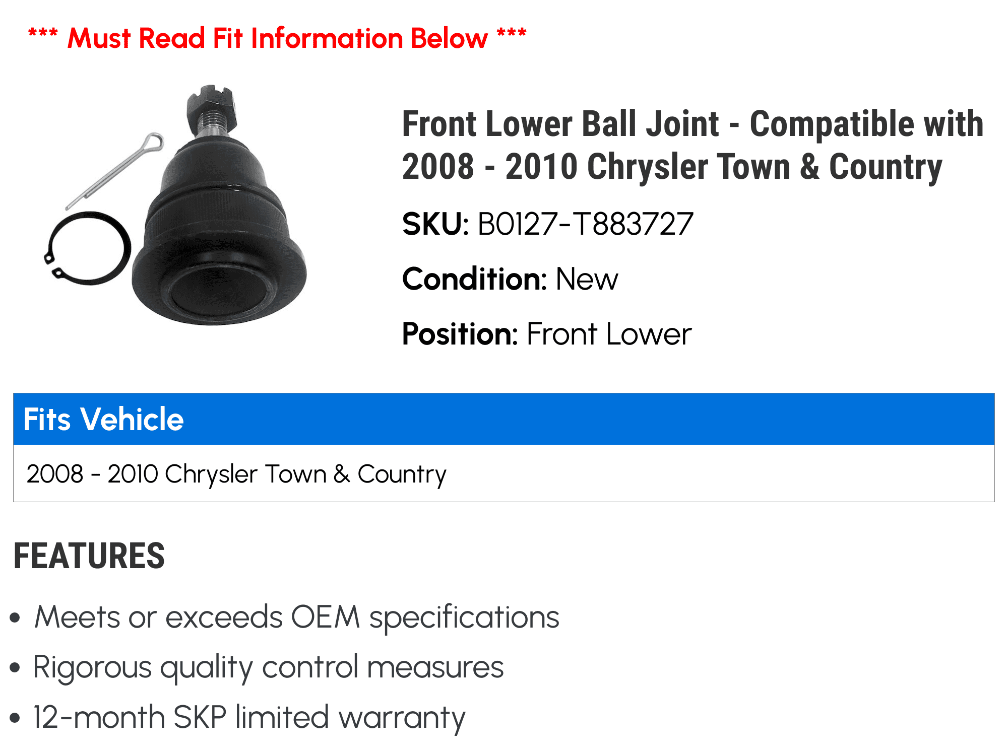 Front Lower Ball Joint - Compatible with 2008 - 2010 Chrysler Town & Country 2009