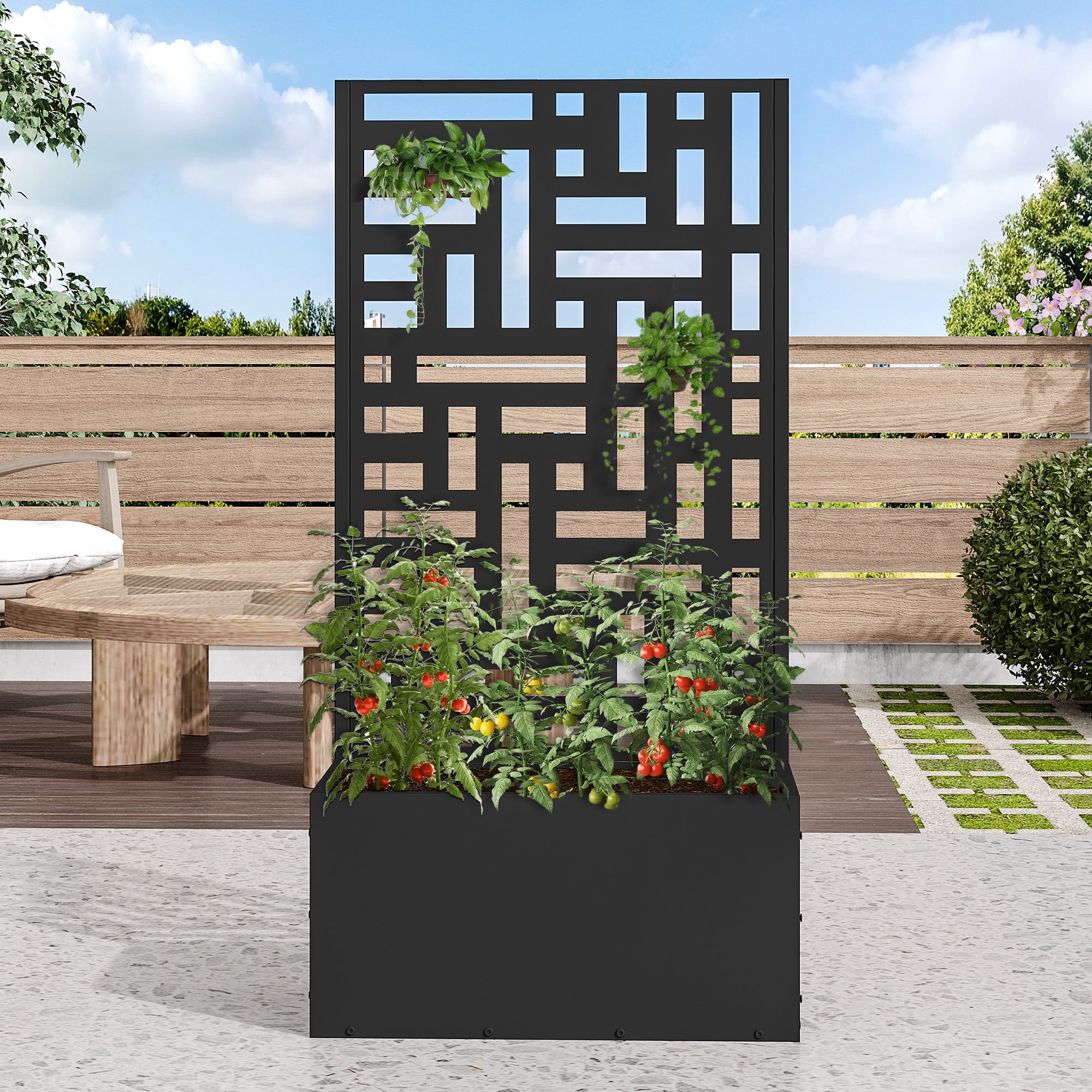 MAYEERTY 2-Set 47*24" Outdoor Black Metal Planter Box with Trellis for Climbing Plants, Street Pattern Panel