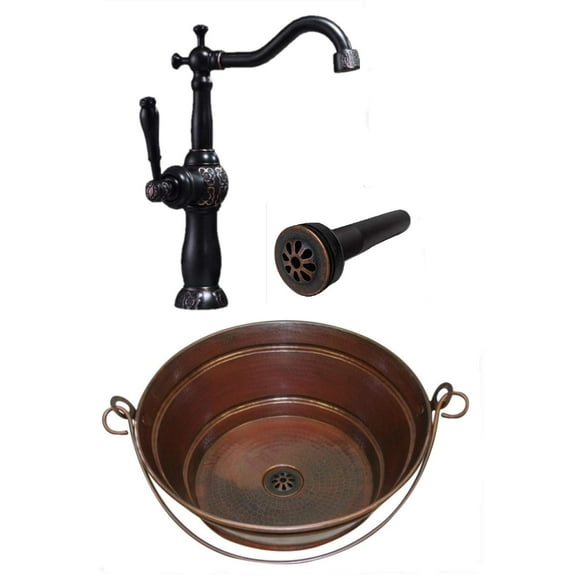 SimplyCopper 15" Round Vintage Look Copper Bucket Vessel Sink with Daisy Drain and 13" ORB Clayborne Vessel Filler Faucet