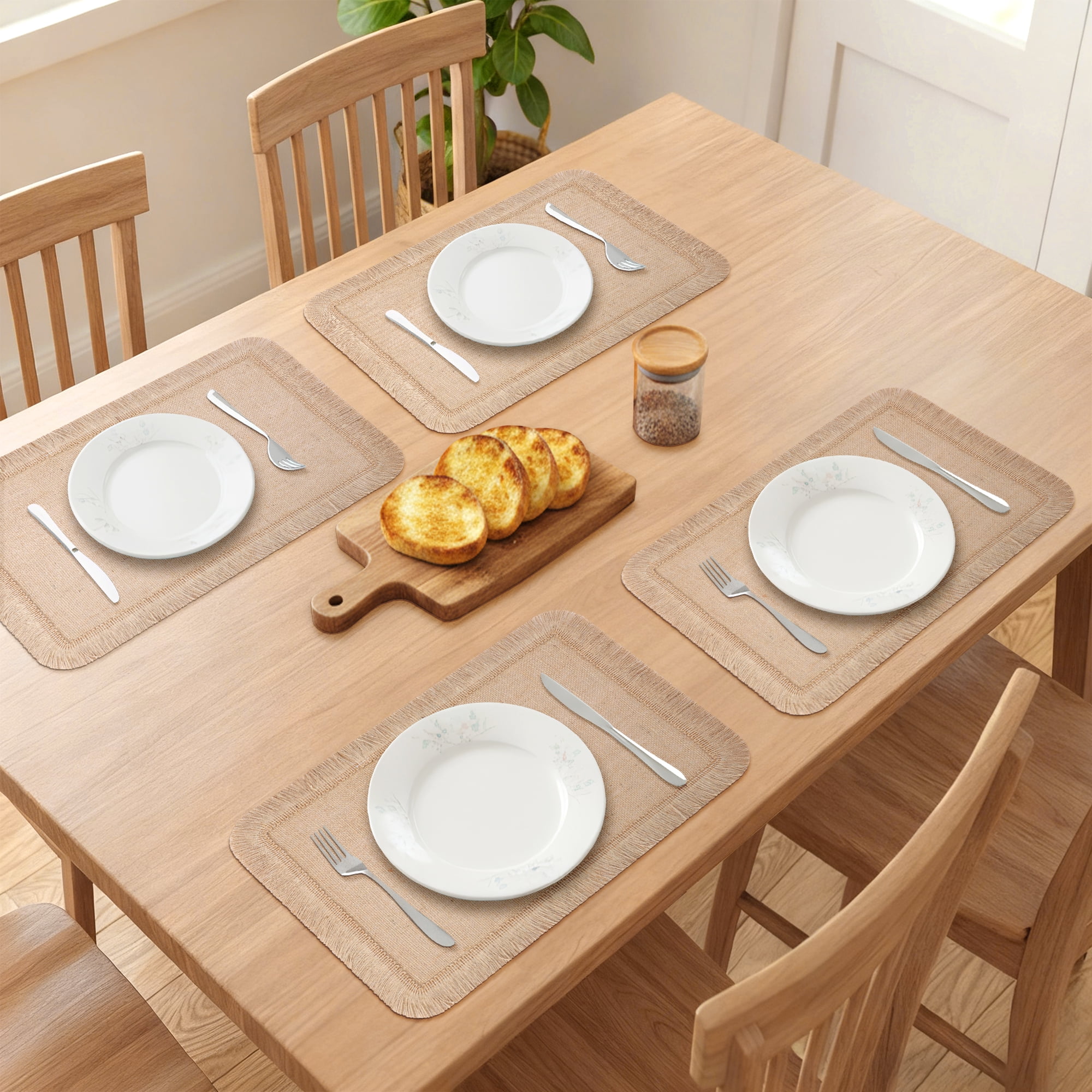 Unique Bargains Farmhouse Placemats 6pcs Jute Placemats Yellow Fringe 17.7"x11.8"