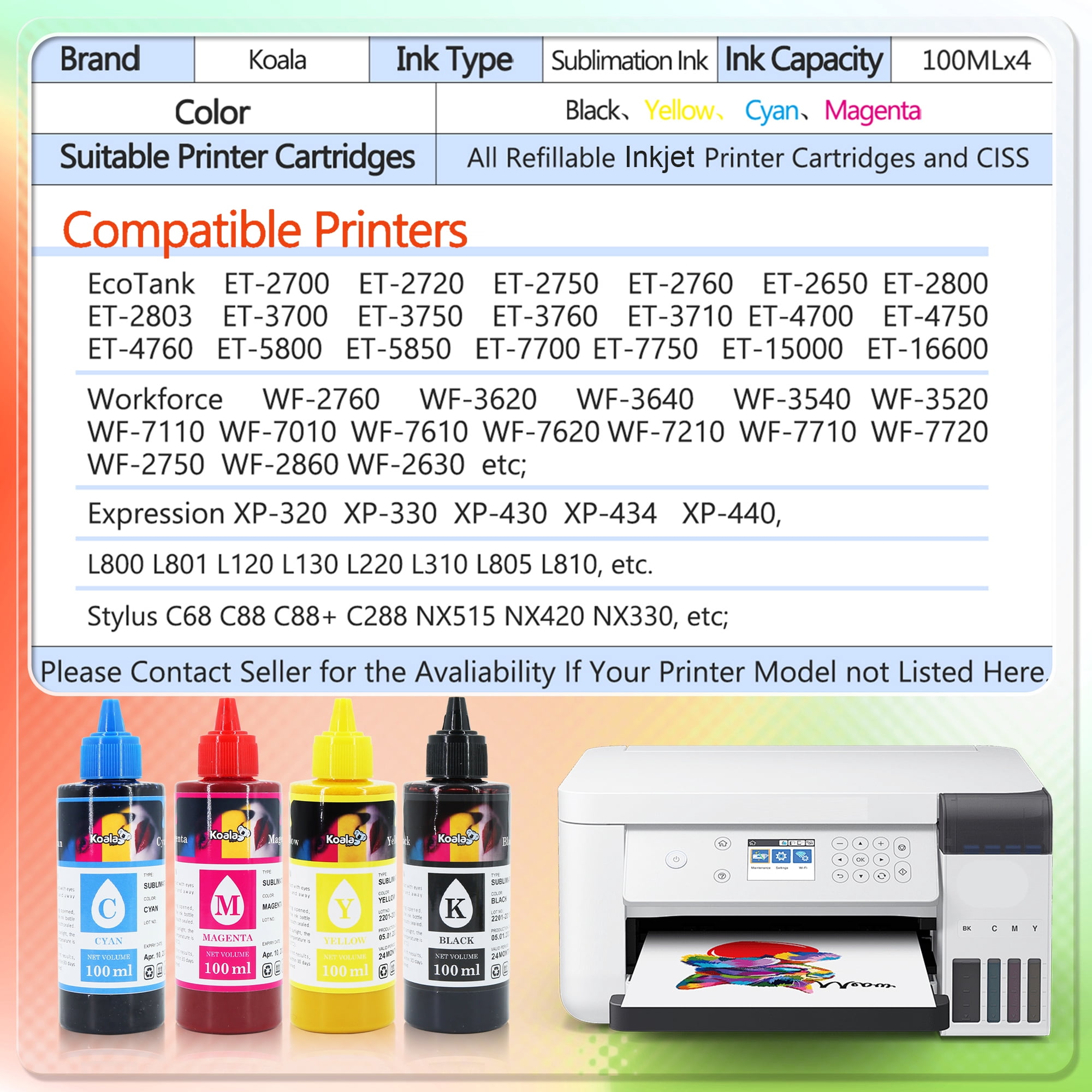 Koala Sublimation Paper and Ink Bundle Kit - 150 Sheets Koala Sublimation Paper A4  + 4X100ml Koala Sublimation Ink for All Inkjet Printers ET-2800 2803 2720 2760 etc