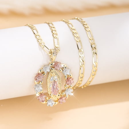 Virgin Mary 14K Gold Filled Necklace for Women, Colorful Cubic Zirconia Elliptical Pendant Chain, Religious Belief Prayer Jewelry