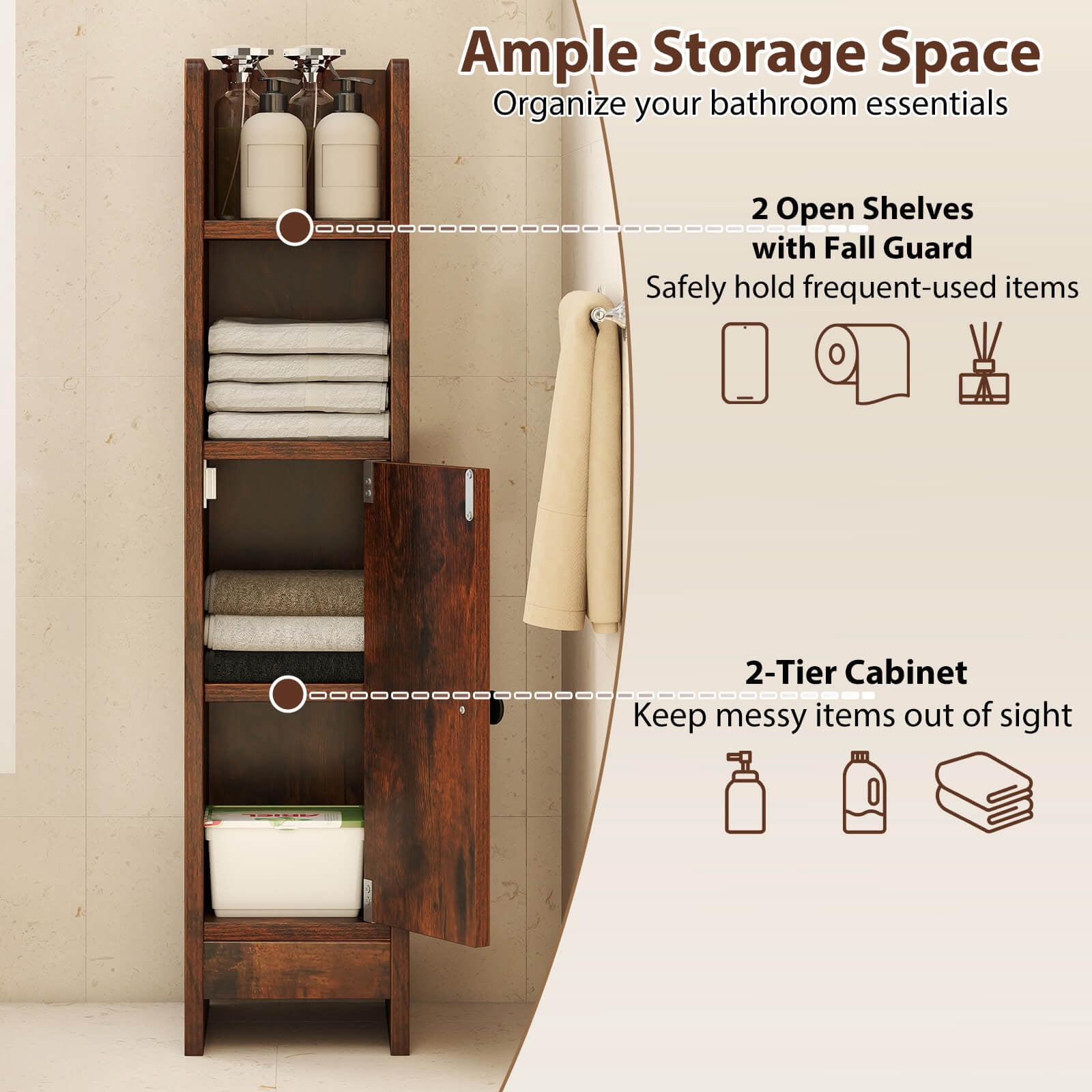 Costway Bathroom Storage Cabinet with Adjustable Shelf 1 Door & 2 Open Shelves Living Room Brown