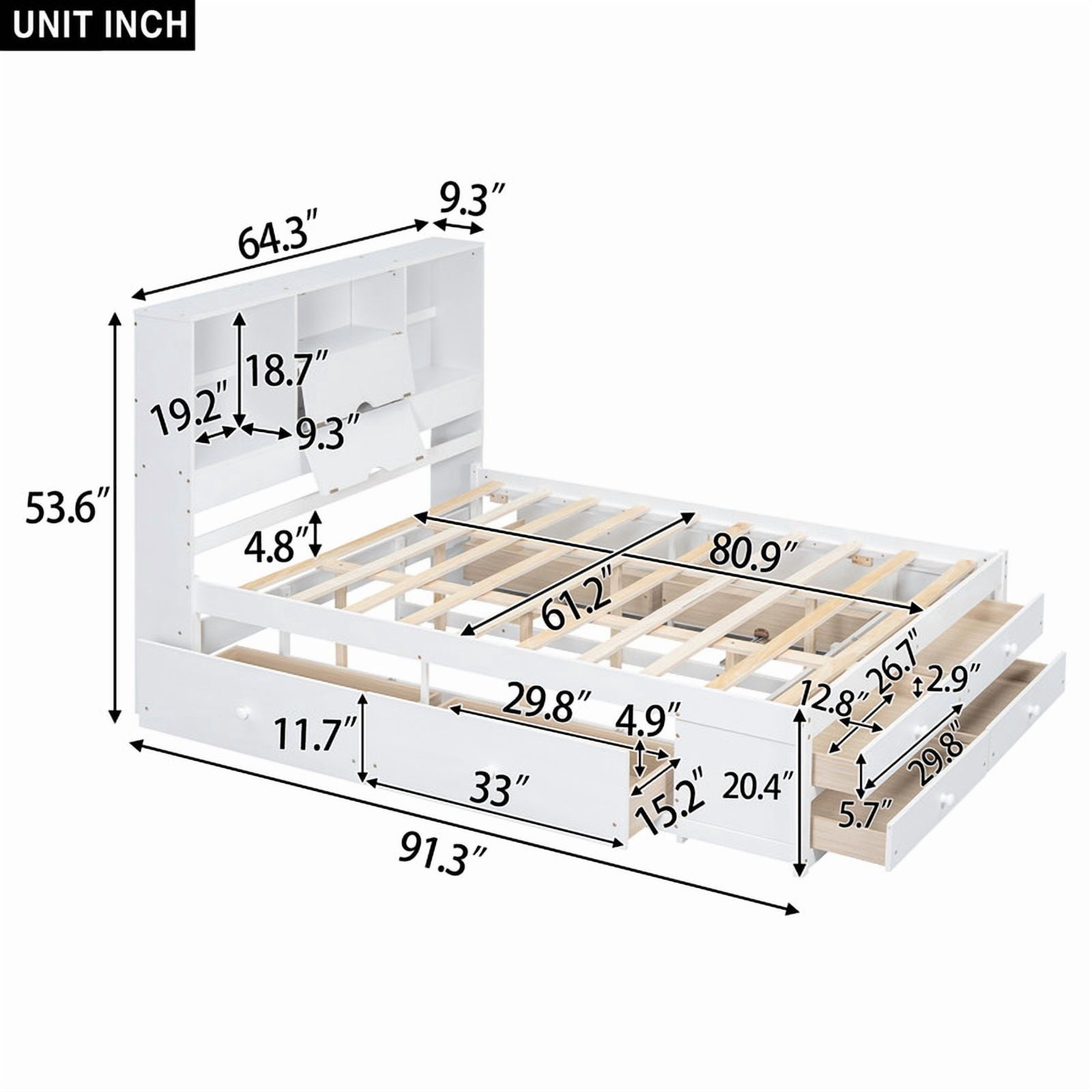 Queen Size Platform Bed with Bookcase Headboard, Storage Wooden Bed Frame with 8 Drawers
