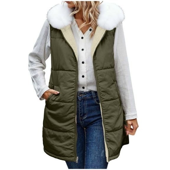 Long Puffer Vest for Women Fleece Lined Hooded Sleeveless Solid Padded Outerwear Jacket with Pockets Army Green XL
