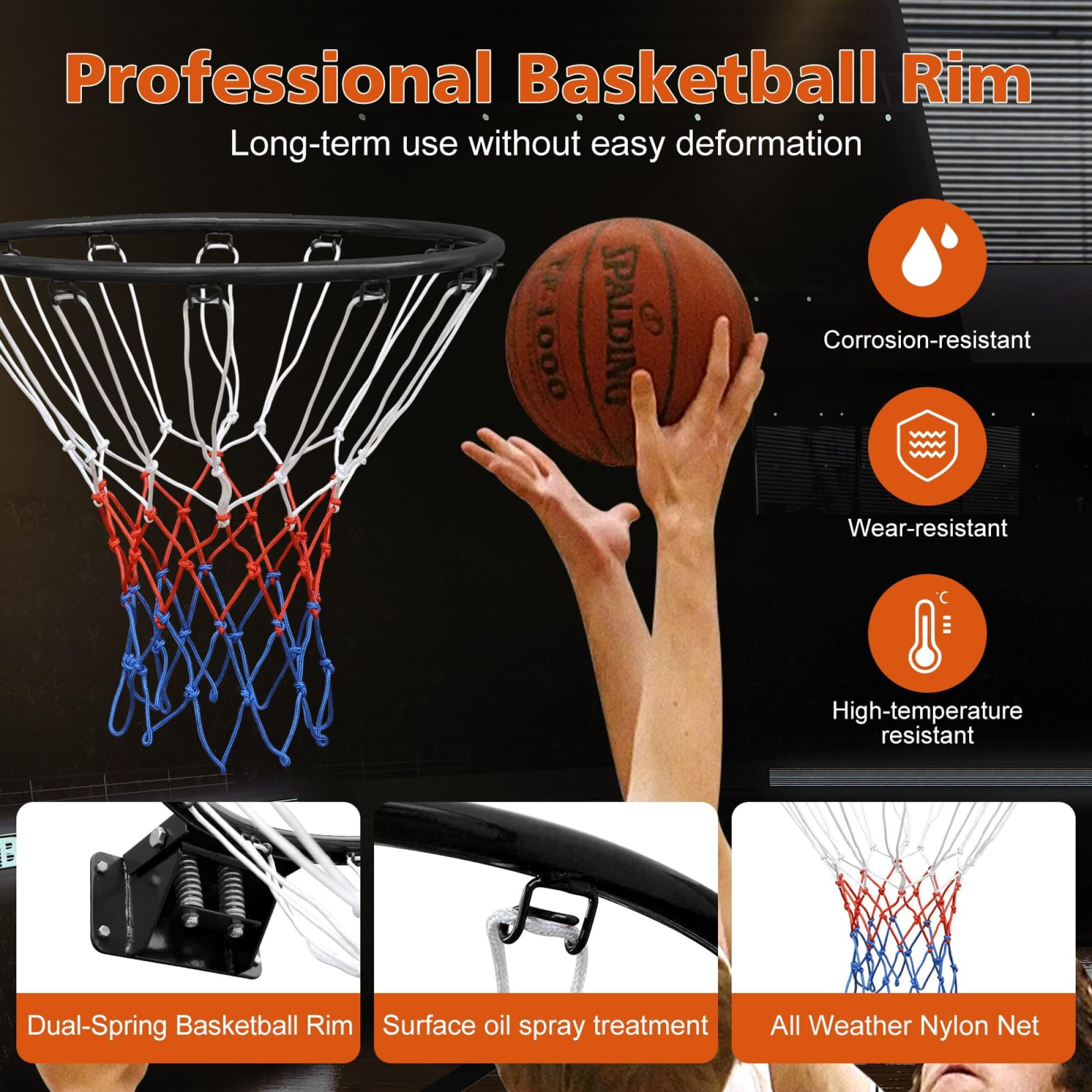 18 Inch Standard Double Spring Solid Steel Basketball Rim Heavy‑Duty Wall Mount Replacement Hoop with Nylon Net Shock‑Absorbing Basketball Goal for Indoor Outdoor Kids Teens Home Backyard Play