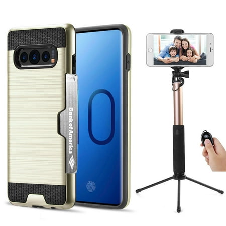 Luxury Dual Layer Hybrid Wallet Case for Galaxy S10 Plus (Gold) w/ Credit Card ID Slot Holder & Selfie Stick Mini Tripod 2.0 - Ultra Lightweight Button Covers Shock Absorption Raised Lip Guard