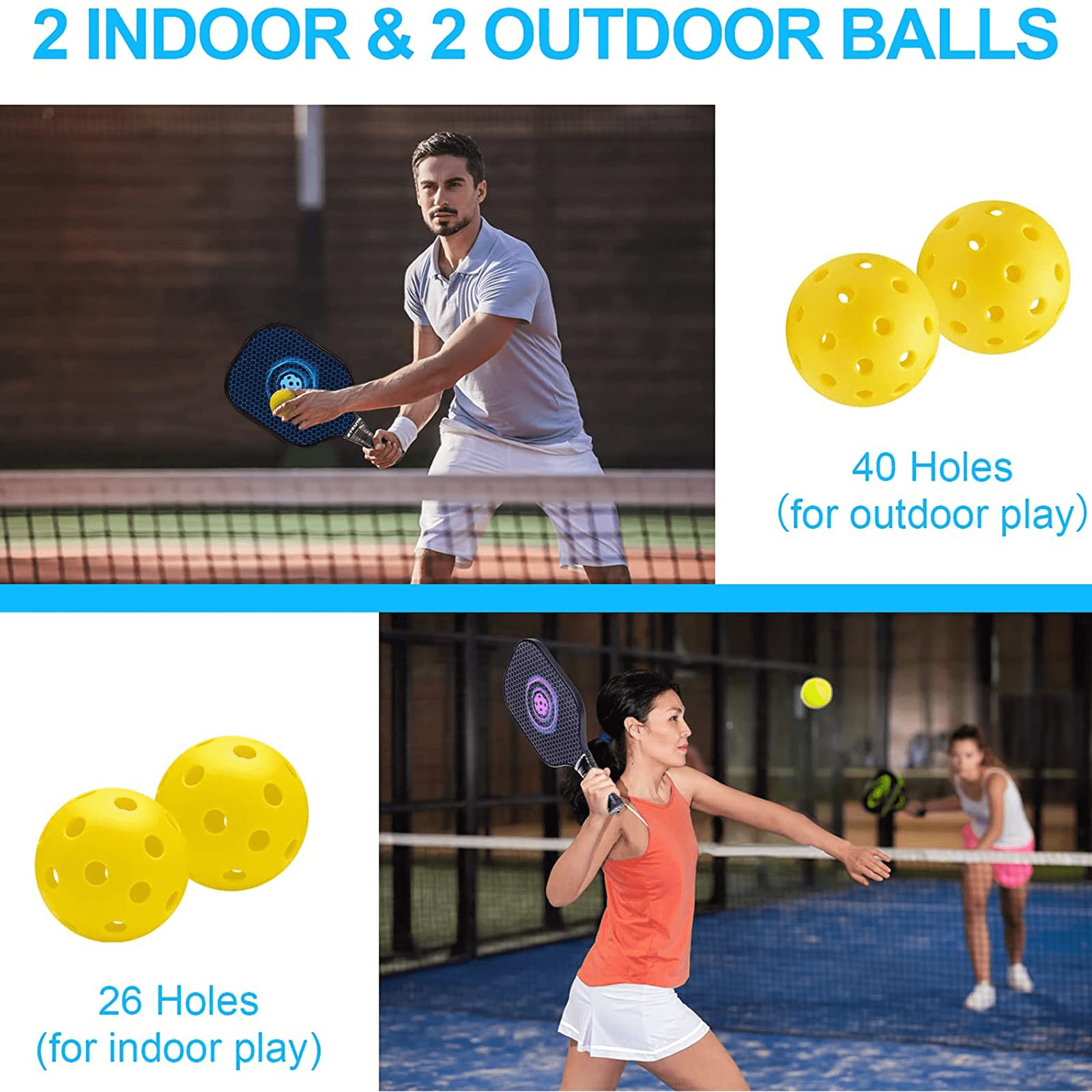 BYKUTA Pickleball Paddles Set of 2 with 4 Balls & Carry Case - Lightweight Fiberglass PP Honeycomb Core Pickleball Racket