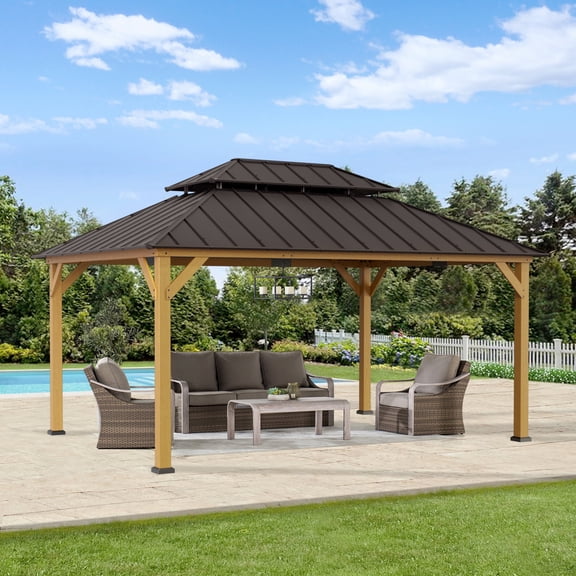 Sunjoy 12x16 ft. Wood Gazebo, Outdoor Patio Steel Hardtop Gazebo, Cedar Framed Wooden Gazebo with 2-tier Metal Roof, Suitable for Patios, Lawn, and Backyard, Dark Brown