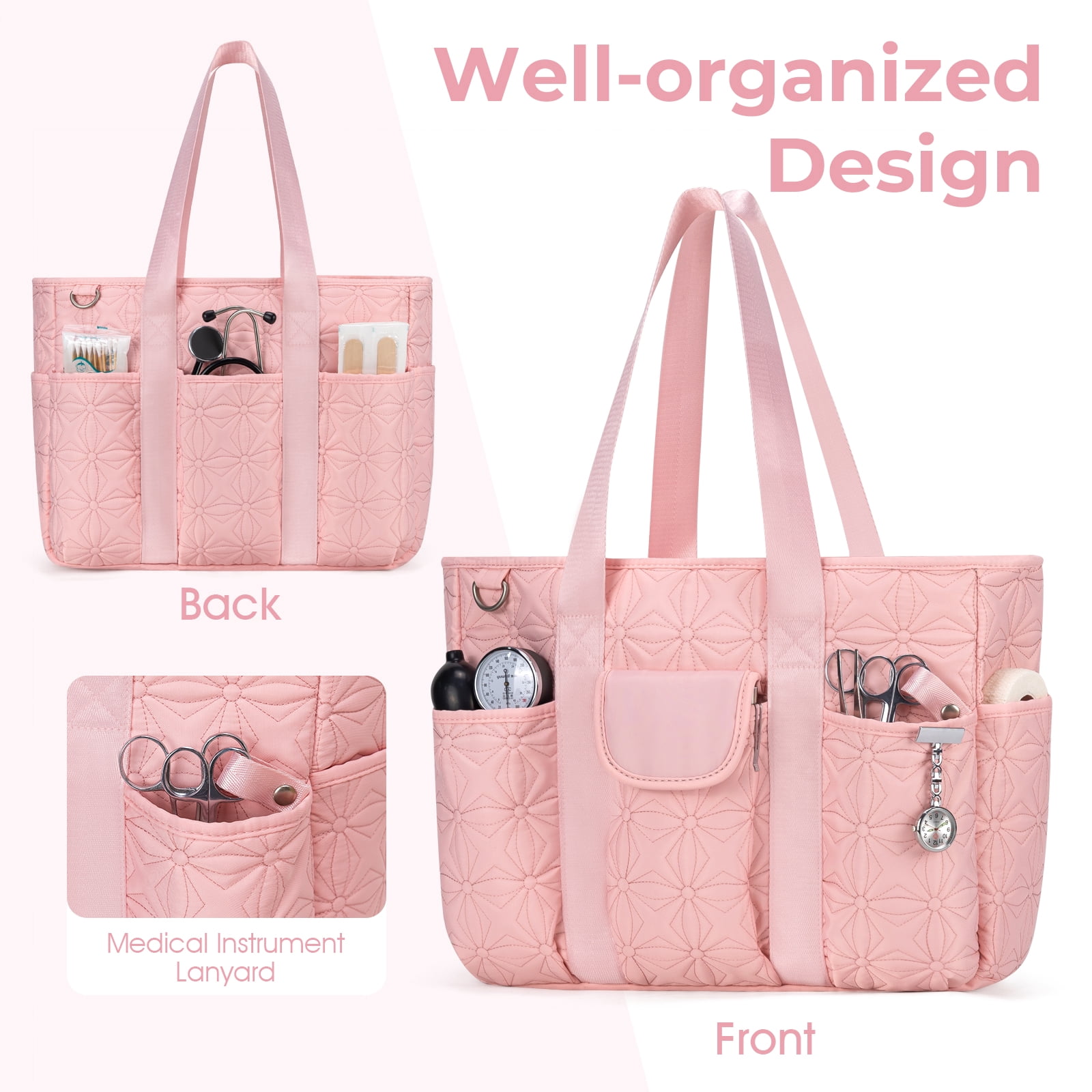 Canvas Tote Bag with Multi Pockets, Kabaqoo Crossbody Tote Bag for Women, Large Shoulder Handbag with Compartments, Pink