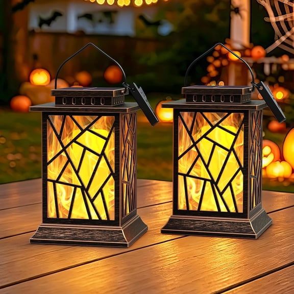 2 Pack Solar Lanterns Outdoor Waterproof, Hanging Solar Lights | Ultra-Real Flame, 2 Light Modes, Auto Dusk-to-Dawn, Bright LED, 12H Runtime, IP65 Waterproof, for Garden Patio Yard Decor