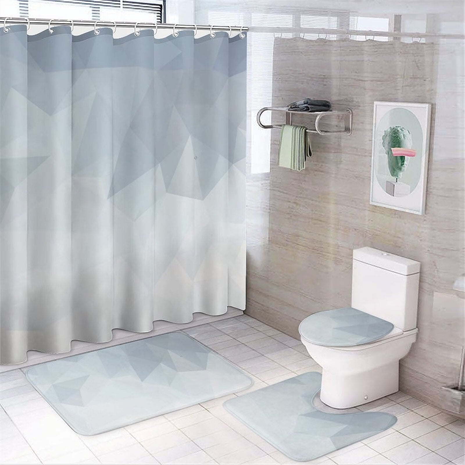 Geometry Ombre Blue Shower Curtain Sets Popular Polyester Fabric