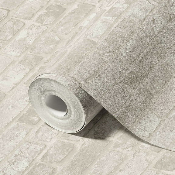 Brick And Stone Textured Wallpaper, White Embossed Wallcovering Roll: 41.7”W x 614”H- 177.80 sq ft