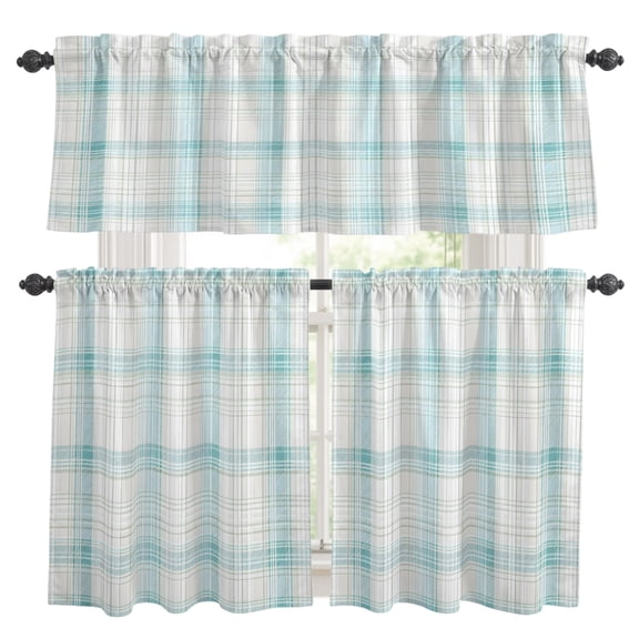 Teal Blue Kitchen Curtains and Valances Set, Spring Pastel Cyan Gray Grid Checkered Farmhouse 3 Piece Curtains Valances and Tiers Set Rod Pocket for Kitchen Bathroom Windows 36 Inch
