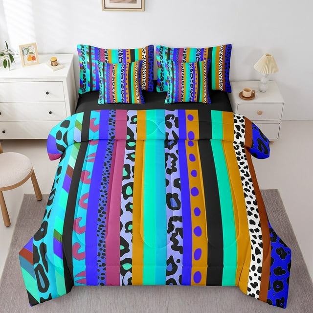 Erosebridal Leopard Print Bedding Sets King Size, Geometry Stripe Comforter Sets with Sheets, Animal Decorative, Reversible 7pcs
