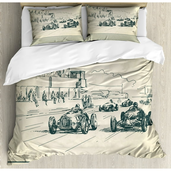 Vintage Car Duvet Cover Set, Vintage Racing Cars Sport Nostalgic Sketchy Doodle Style, Decorative 3 Piece Bedding Set with 2 Pillow Shams, Queen Size, Beige Forest Green, by Ambesonne